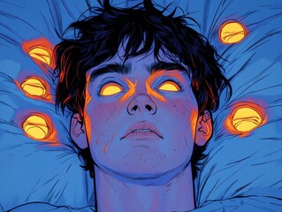 Youth in bed, eyes glowing; floating orbs of light around him. Unsettling view