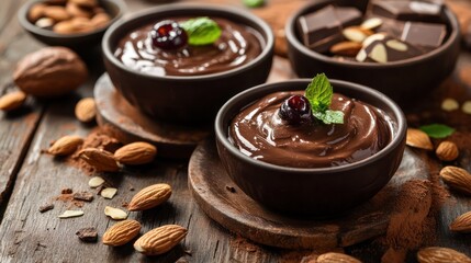 Delicious Chocolate Pudding Bowls Garnished with Cherries and Mint