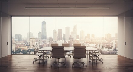 Modern office interior with a conference room featuring chairs and a table in a spacious setting