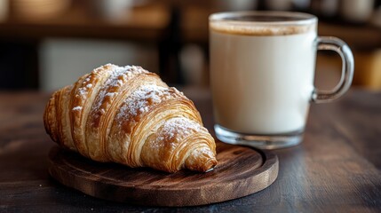 Delicious Morning: Croissant with Powdered Sugar and Latte on a Wooden Board