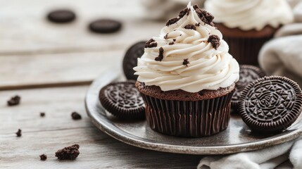 Delicious chocolate cupcake with creamy frosting and cookie crumbles topping