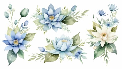 Watercolor Flower Arrangement with Pastel Blue Blooms and Green Leaves