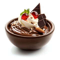 Delicious Chocolate Mousse with Whipped Cream, Cherries and Chocolate Pieces