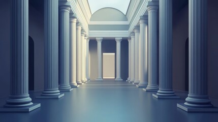 Fototapeta premium Elegant Hallway with White Columns Leading to Light Doorway Render