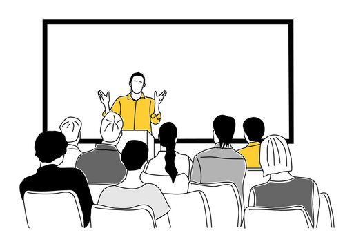 Business man speaker making presentation before big audience in large conference room. Seminar, forum. Business education concept. Outline vector for graphic, web design Isolated