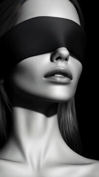 Black and white artistic image of a blindfolded beautiful woman