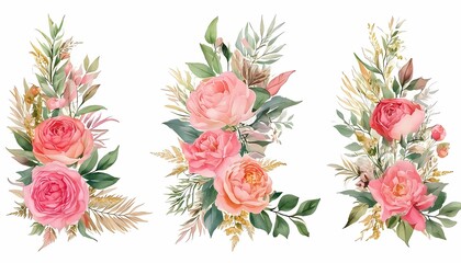 Obraz premium Floral Bouquet Arrangements with Watercolor Roses and Green Leaf Accents