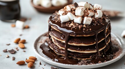 Delicious Chocolate Pancakes Stacked with Marshmallows and Almonds