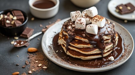 Delicious Stack of Chocolate Pancakes with Marshmallows and Chocolate Sauce