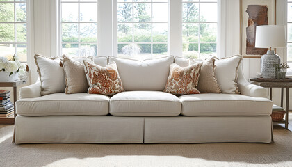 soft, inviting sofa covered in a lightweight fabric with a decorative Mocha Mousse cushion arrangement in a bright, cozy living space filled with natural light. Color of the Year 2025