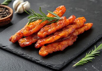 Crispy golden fried strips garnished with herbs on a slate plate, surrounded by garlic and spices showcasing a delicious cuisine scene
