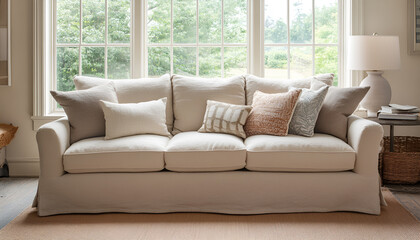 soft, inviting sofa covered in a lightweight fabric with a decorative Mocha Mousse cushion arrangement in a bright, cozy living space filled with natural light. Color of the Year 2025