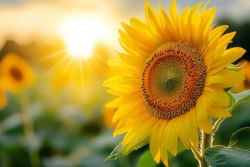 Fototapeta premium Bright Sunflower Blooms Under Warm Golden Sunset Light