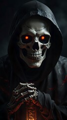 A skeletal figure in a hood, featuring glowing red eyes and holding an ancient scroll with faintly glowing forbidden symbols.   