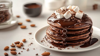 Delicious Stack of Chocolate Pancakes with Marshmallows and Almonds