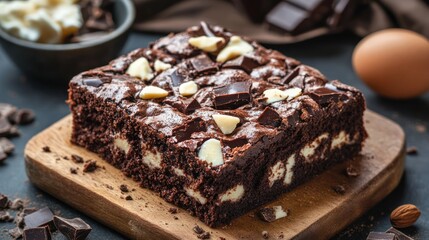 Delectable Chocolate Brownie with Cream Cheese Swirls on Wooden Board