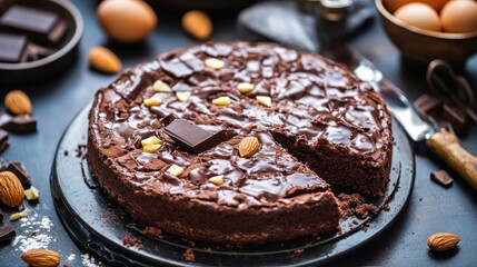 Delicious Homemade Chocolate Cake with Almonds and Chocolate Pieces