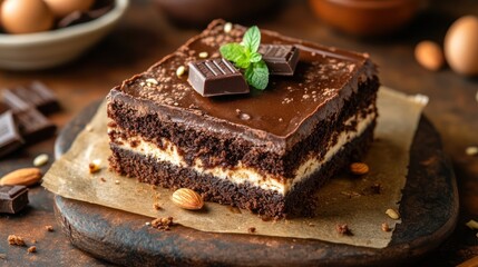 Delicious chocolate brownie dessert with mint garnish on rustic wood platter