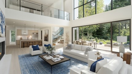 Modern open-concept living room with backyard view, featuring high ceilings and a two-story design