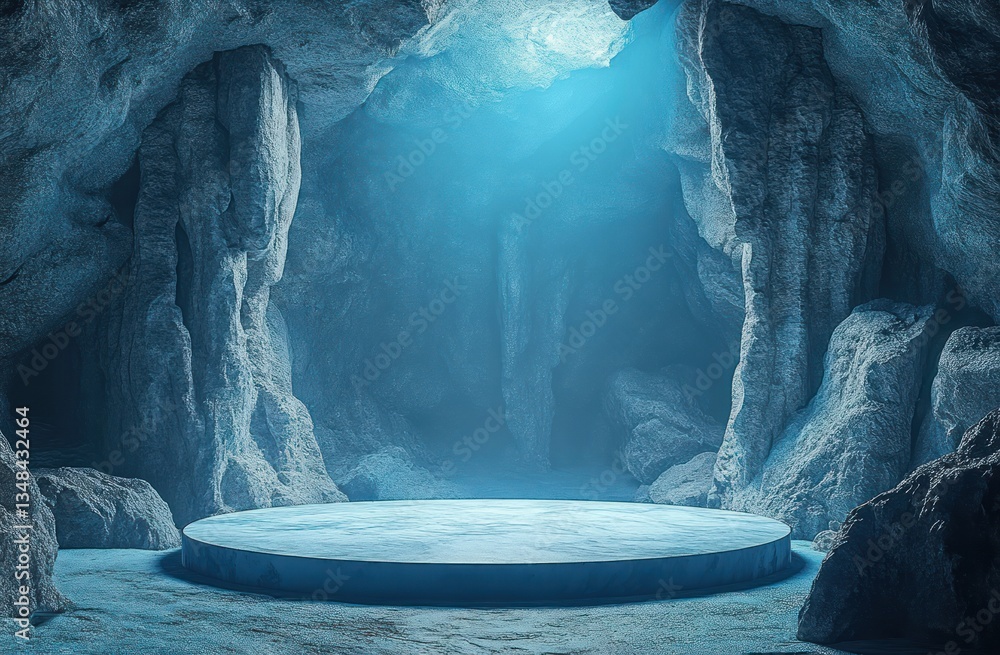 Poster surreal cave interior with mysterious circular platform and soft blue ambient light for modern showc