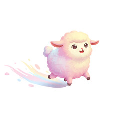 Obraz premium Cute pink sheep illustration kawaii style fluffy animal rainbow trail design