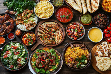 Fototapeta premium Assorted gourmet dishes arranged on a rustic wooden table, featuring fresh seafood, grilled meats, and vibrant vegetables for a luxurious dining experience