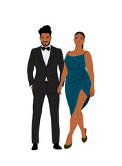Fototapeta premium Couple in trendy evening clothes standing together vector illustration. Stylish man, woman ready for Christmas, New Year, wedding event. Fashionable pair in elegant wear on transparent background.