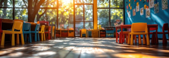 Obraz premium Colorful Kindergarten Classroom Vibrant Educational Space for Children with Natural Light and Playful Design