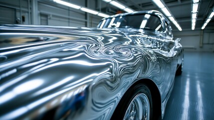 Chrome classic car with swirling, reflective surface in a garage