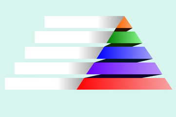 Infographic of red with orange with purple with blue and green stepped geometric design, Pyramid shape five layers for creating stacked appearance typical of hierarchical statistical 