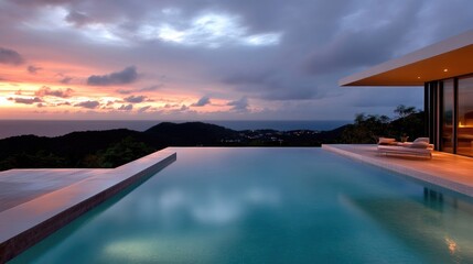 Fototapeta premium Stunning infinity pool overlooking a tropical sunset