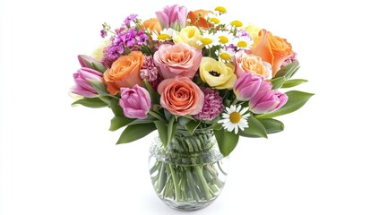 Fototapeta premium Vibrant spring bouquet of tulips, roses, and daisies in a clear glass vase.