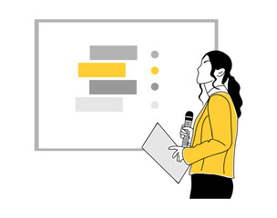 Young business woman, Coach, mentor making presentation at conference, seminar. Staff education, learning, improving professional skill business concept illustration. Vector drawing isolated.