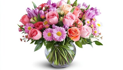 Pastel pink, purple, and orange roses, tulips, and daisies in a clear glass vase.