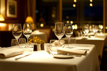 Elegant fine dining restaurant table setting with white linens, wine glasses, and soft ambient lighting for a romantic and luxurious dining experience