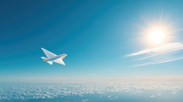 Paper airplane flying high above clouds