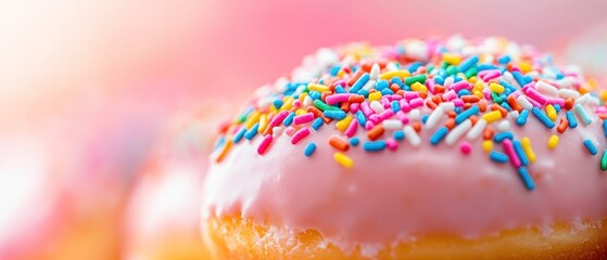 Fototapeta premium Close-up of a delicious pink frosted donut with colorful sprinkles