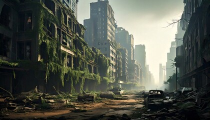 A vast, ruined cityscape with massive skyscrapers crumbling into the fog