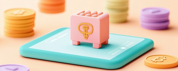Colorful Savings Bank on Smartphone with Digital Coins
