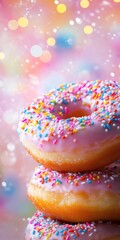 Stacked Pink Frosted Donuts with Sprinkles on a Bokeh Background