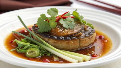 Braised abalone with aromatic herbs served in a flavorful sauce adorned with fresh garnishes