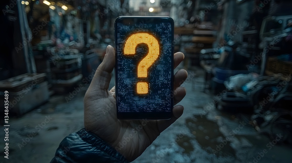 Aufkleber smartphone displaying a glowing question mark icon in a dark urban environment