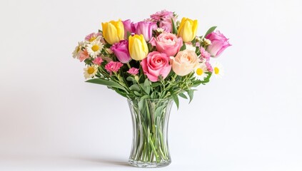 Fototapeta premium Pastel roses, tulips, daisies in glass vase.