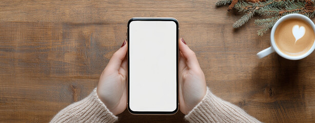 person holding smartphone with blank screen, next to cup of coffee with heart design, on wooden table