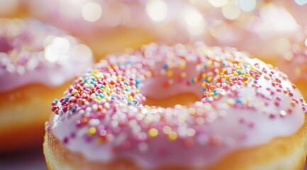 Delicious pink donut with colorful sprinkles close-up macro photography