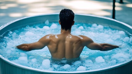 A fit man submerges in an outdoor ice bath pod, his muscular back glistening as he embraces the cold therapy for recovery and endurance. The refreshing blue water enhances the chilling effect.