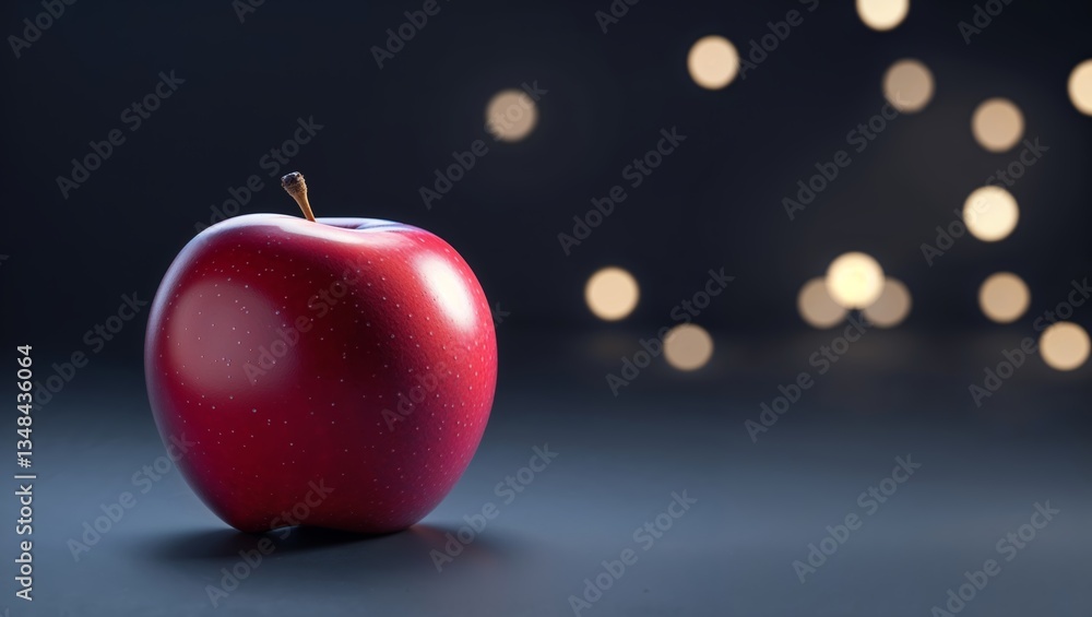 Poster red apple sitting on a dark surface with blurred lights in the background during evening hours