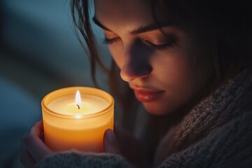 A person sits by a glowing candle, softly repeating affirmations in the quiet morning. The soft flicker of light dances across their peaceful face 