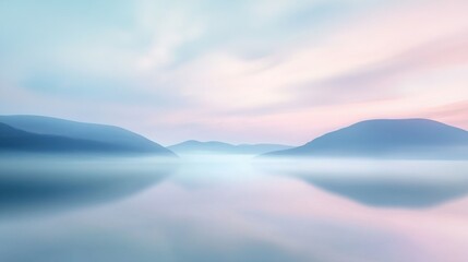 Wide dreamy landscape, surreal scenery, flowing shapes, misty pastel hues, meditation, abstract organic forms, soft ethereal glow, meditative atmosphere, water, fantasy, peaceful dreamscape, mountain.