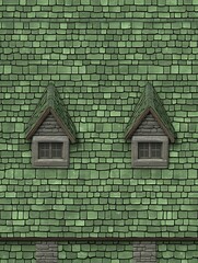 Obraz premium Detailed Green Tiled Roof Texture with Dormer Windows Close Up View
